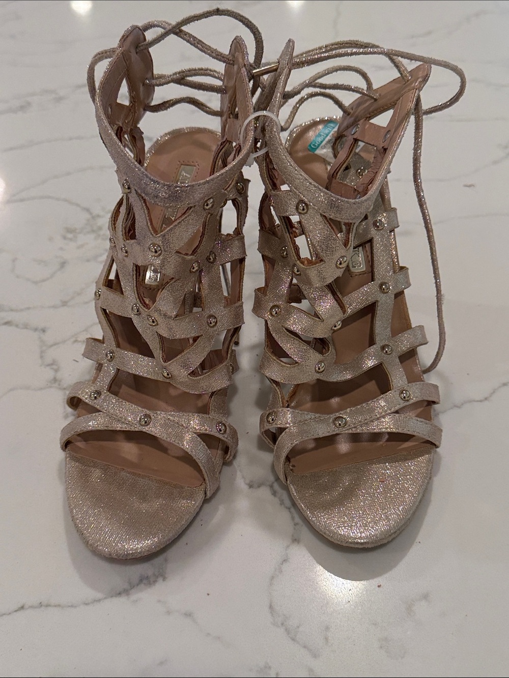 5/$25 Audrey Brooke Gold Strappy Lace-Up Heeled Sandals